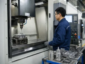 Chinese operator monitoring CNC milling machine in modern factory