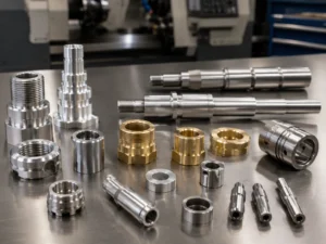 Custom CNC turned parts display with shafts bushings sleeves and threaded fittings