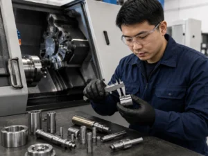 Chinese quality inspector measuring CNC turned parts with caliper