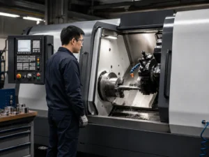 Chinese CNC operator monitoring precision CNC turning machine in factory