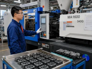 Chinese operator monitoring insert molding production machine in factory