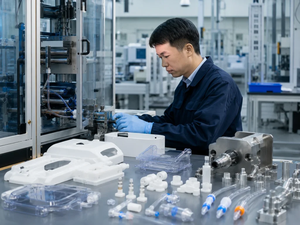 Chinese operator working on medical device injection molding production with plastic parts