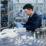 Chinese operator working on medical device injection molding production with plastic parts
