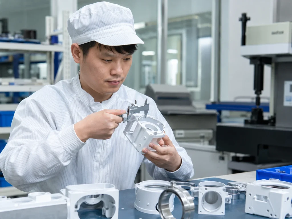 Chinese technician inspecting medical device machined part with caliper