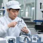Chinese technician inspecting medical device machined part with caliper