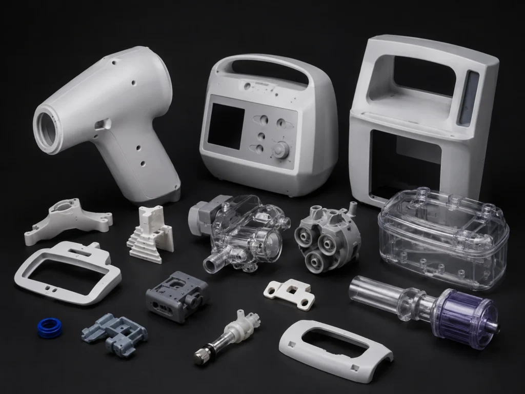 Medical device plastic molded parts including housings covers and transparent components