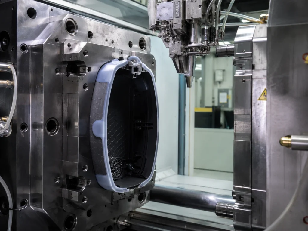 Overmolding and insert molding process inside injection mold tooling