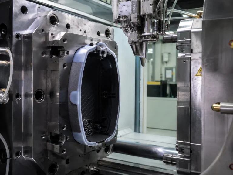 Overmolding and insert molding process inside injection mold tooling