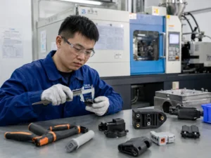 Chinese technician inspecting insert molded plastic part with caliper