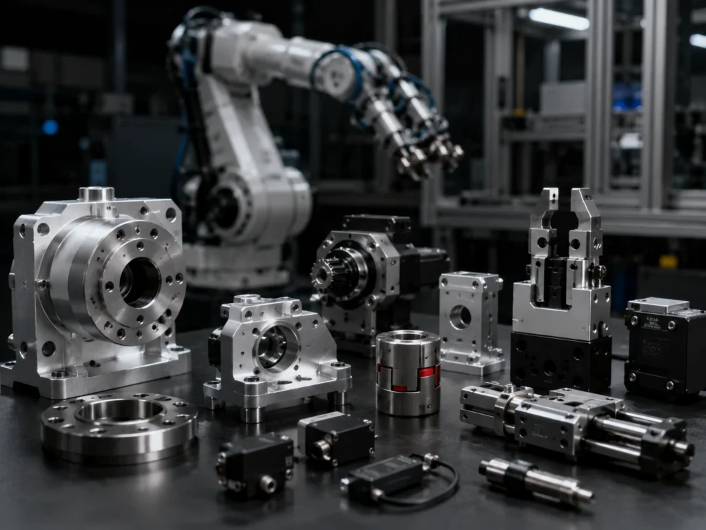 Industrial robotics and automation components with machined housings motors and mechanical parts