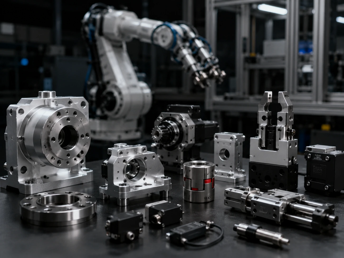 Industrial robotics and automation components with machined housings motors and mechanical parts