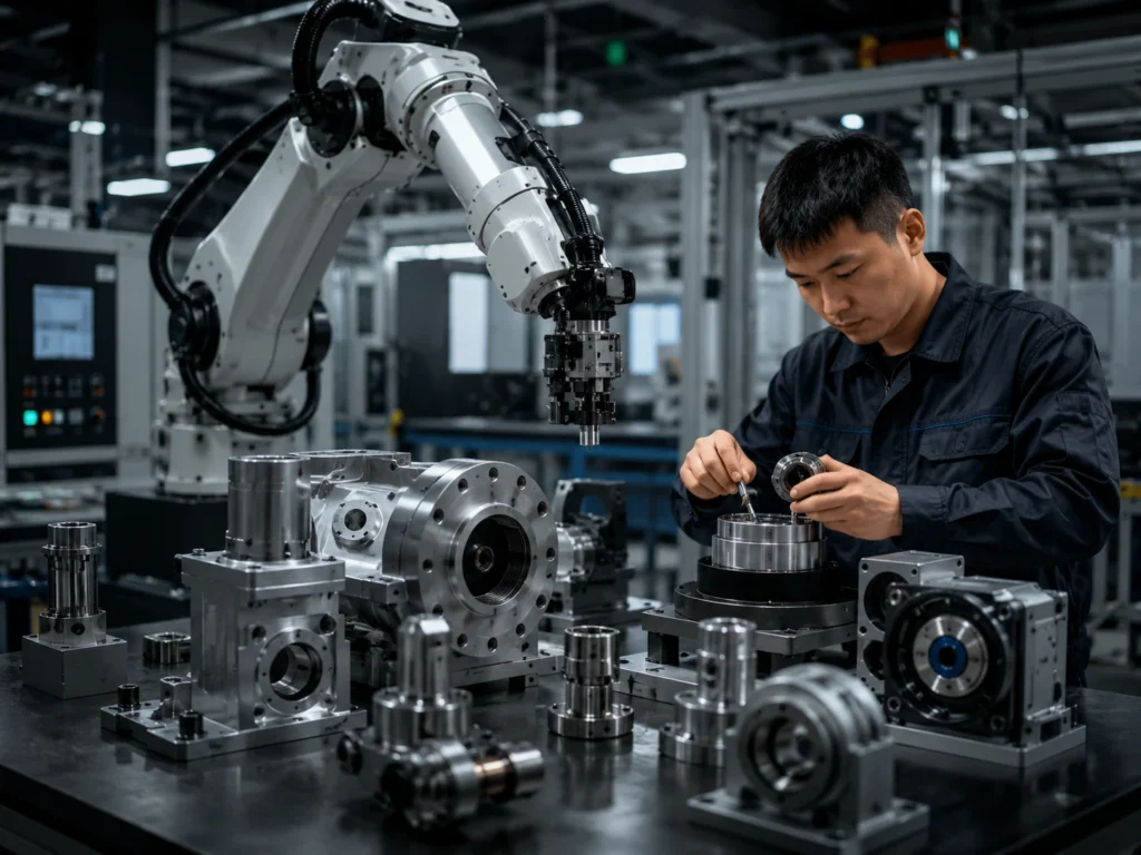Robotics and automation parts workshop with robotic arm and precision machined components