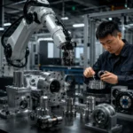 Robotics and automation parts workshop with robotic arm and precision machined components