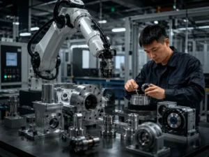 Robotics and automation parts workshop with robotic arm and precision machined components