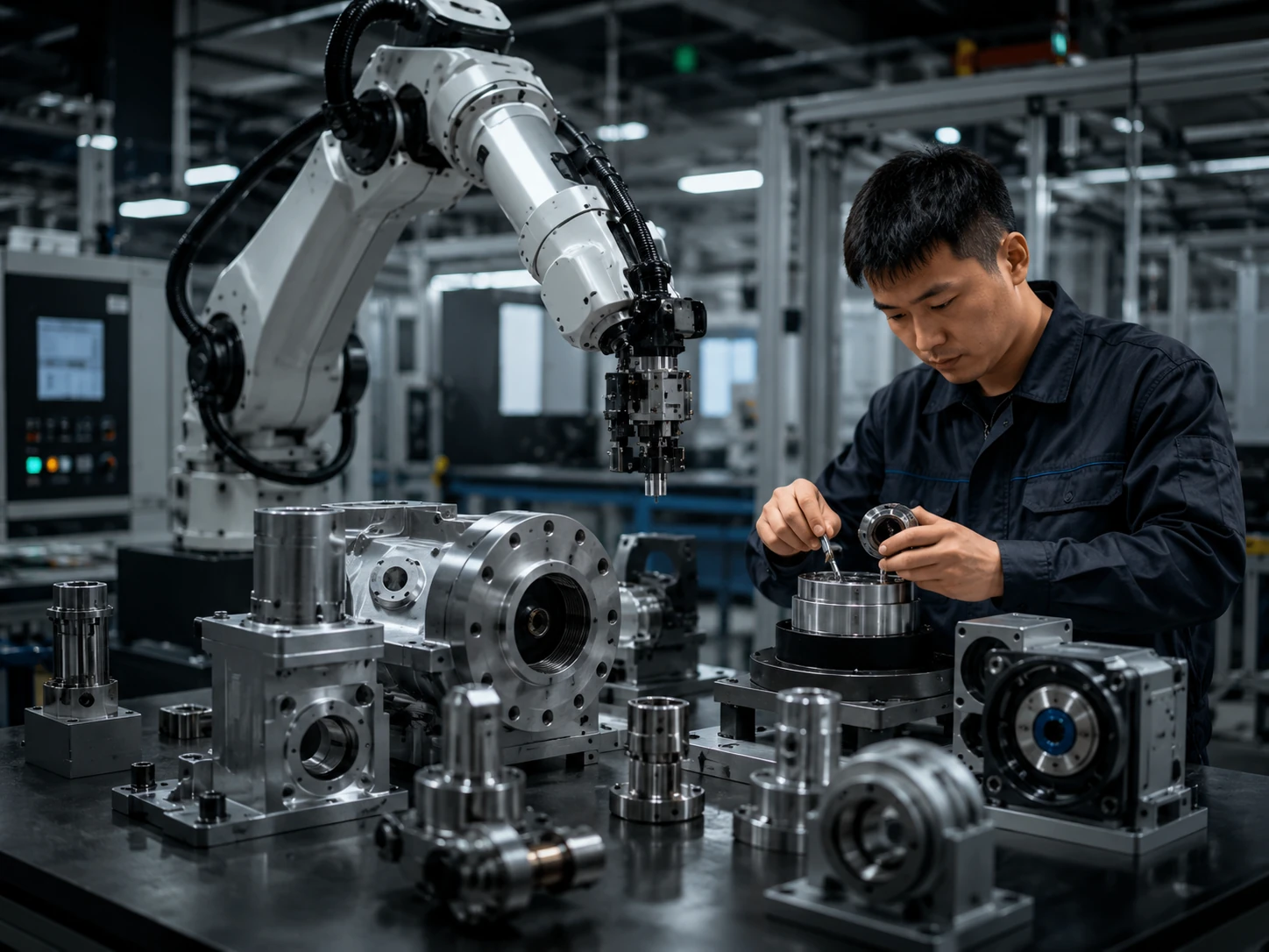 Robotics and automation parts workshop with robotic arm and precision machined components