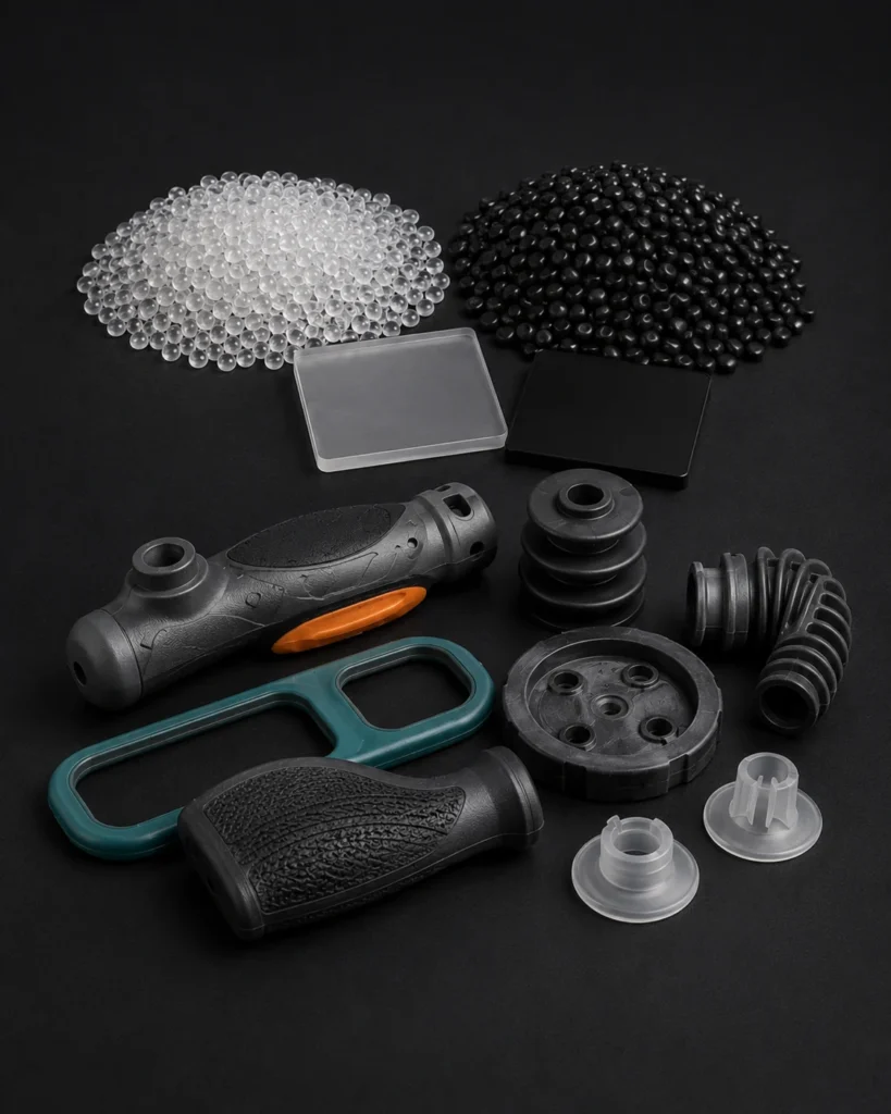 TPU and TPE rubber-like materials with pellets and molded parts